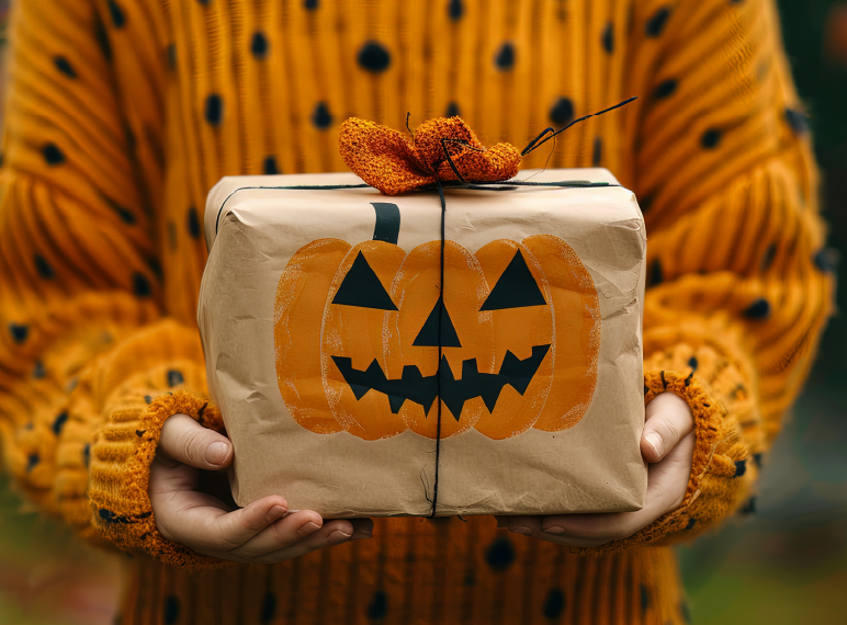 como empacar tus productos para halloween, caja con dibujo de calabaza