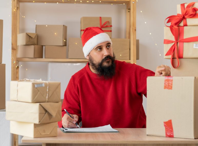 chico con gorro de santa haciendo inventario de envios