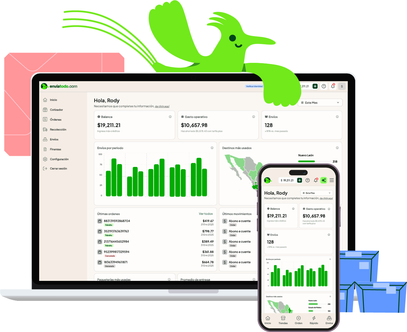 App de enviatodo.com en celular y computadora con Rody, la mascota oficial, supervisando tus envíos de paquetes.