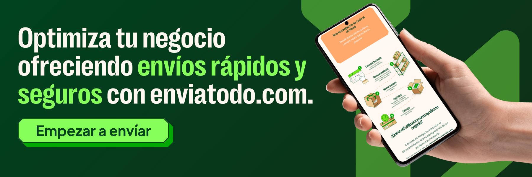 Optimiza tu negocio con envios rapidos y seguros . Celular mostrando la imagen de fulfillment
