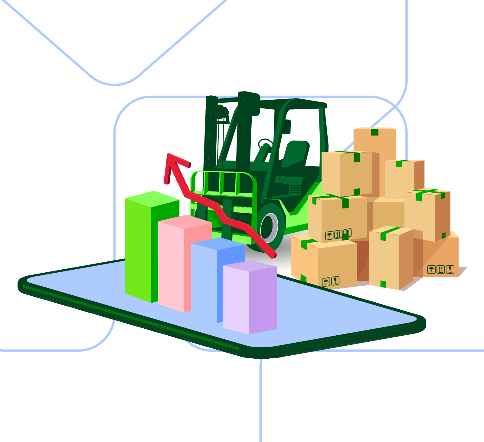 Celular mostrando estadísticas de logística frente a una máquina cargando cajas de envíos.