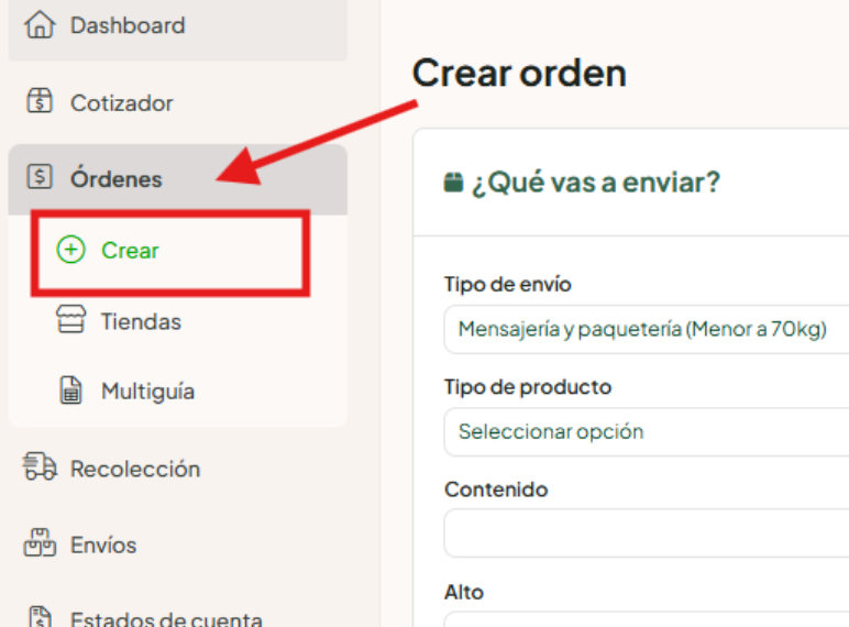 Pagina de EnviaTodo en la sección de "Crear orden"