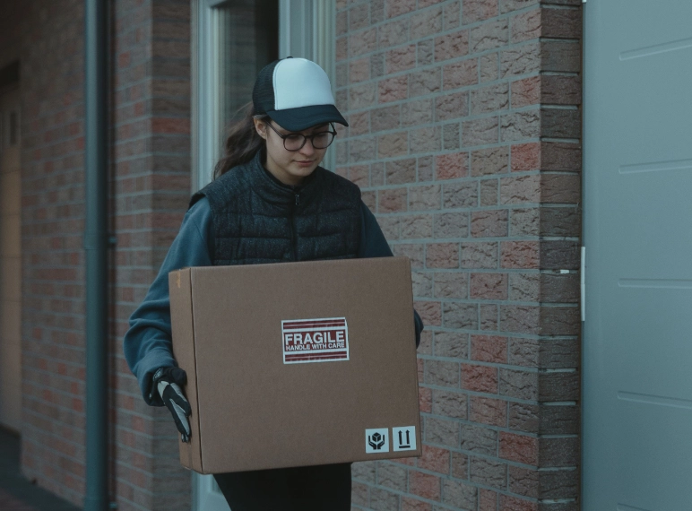 chica transportando una caja para entregar