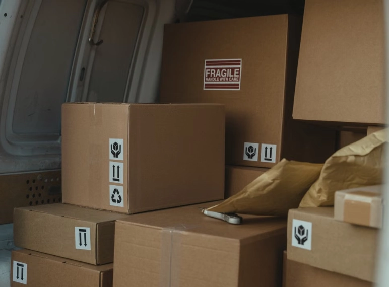 Cajas en camión de envíos a Puebla