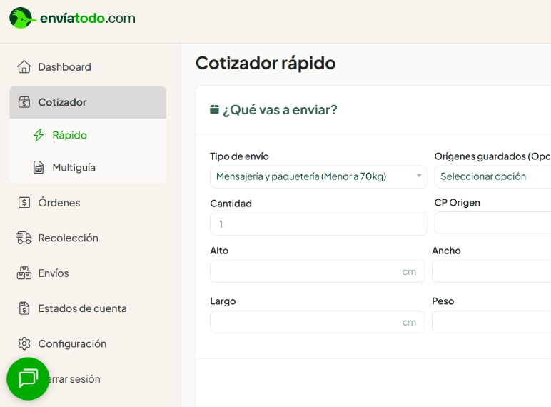 Pantalla del cotizador rapido de enviatodo- envios a cdmx